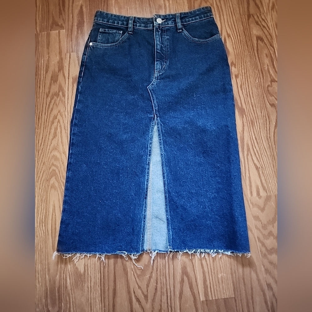 Denim Midi Skirt with Frayed Hem New‎ Without Tag Small Front Slit